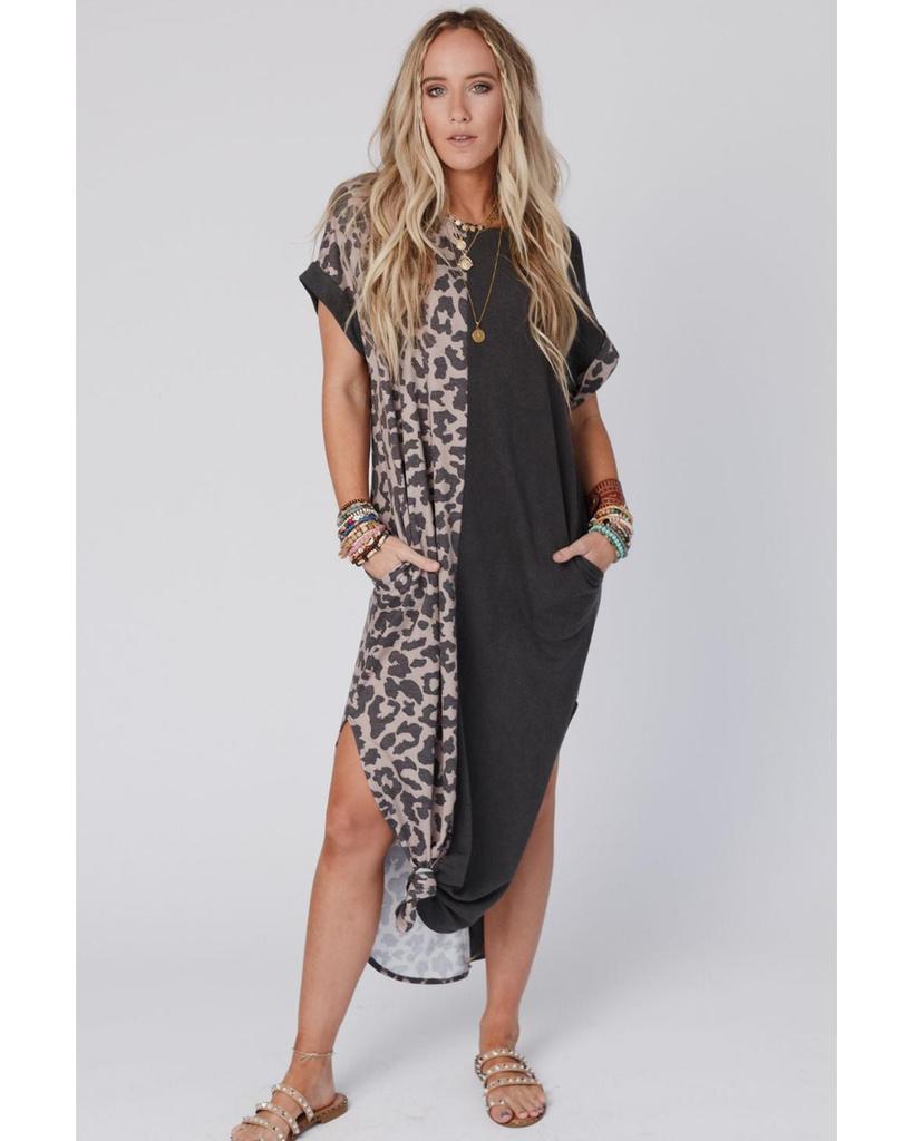 Azura Exchange Solid Leopard Short Sleeve T-shirt Dress with Slits