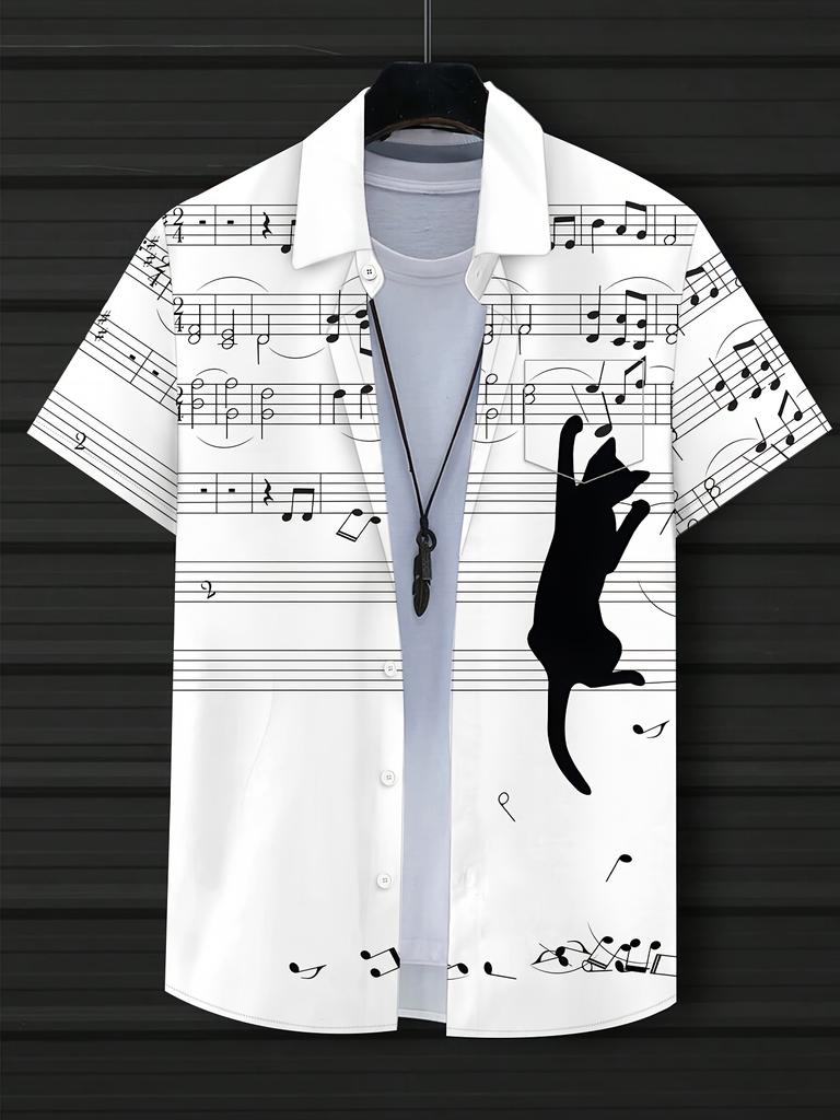 Summer Short Sleeve Shirt for Men, Cat and Music Note Pattern, Button Collar, Regular Fit, Fashionable Sports Casual Vacation Beach Style, Suitable