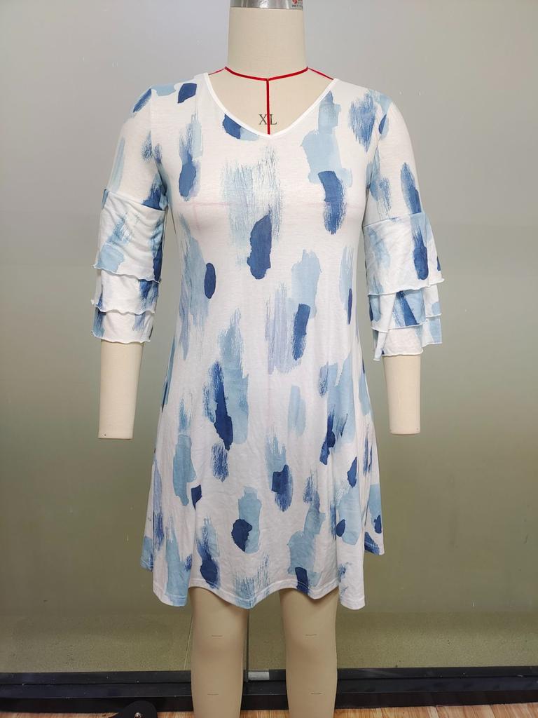 Women's Fashion Temperament Elegant Fresh Printed V-Neck 3/4 Sleeves  Dress