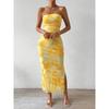 Women'S Mesh Printed Dress Spring/Summer New High-Waisted Slim Fit Slit Tube Top Bodycon Dress