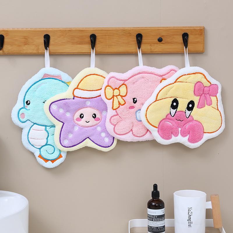 Cartoon marine animal hanging hand towel absorbent quick-drying thickened children's coral fleece soft cute octopus towel