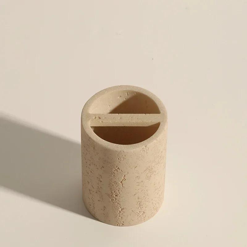 Natürlicher Marmor-Kalkstein Zahnbürstenhalter mit hellgelben Löchern Seifenspender Badezimmerablage Heimdeko Zubehör