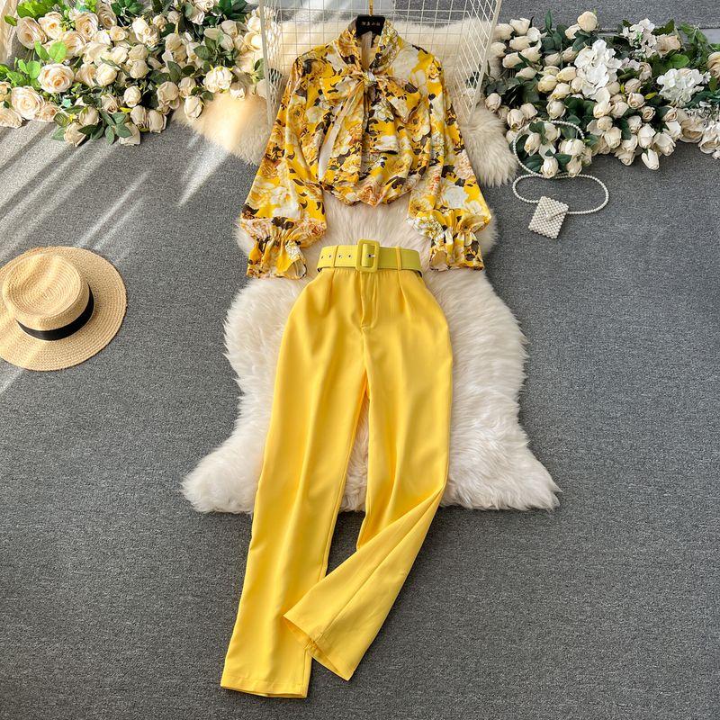 

Niche Style Fashionable Spring Elegant All-Match Suit Pants Shirt Yellow + belt M