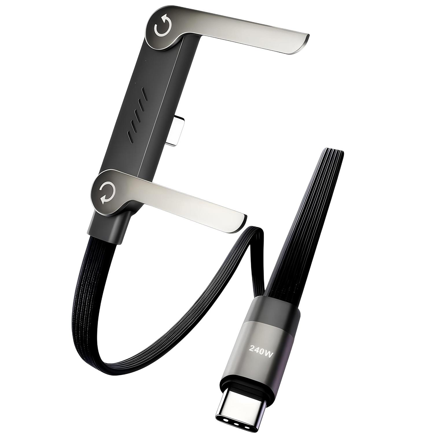 

2-IN-1 Type-C 240W Fast Charging Data Cable with Foldable Phone Holder Dual PD High-Speed Charger Cord for Mobile Phones Tablets Black
