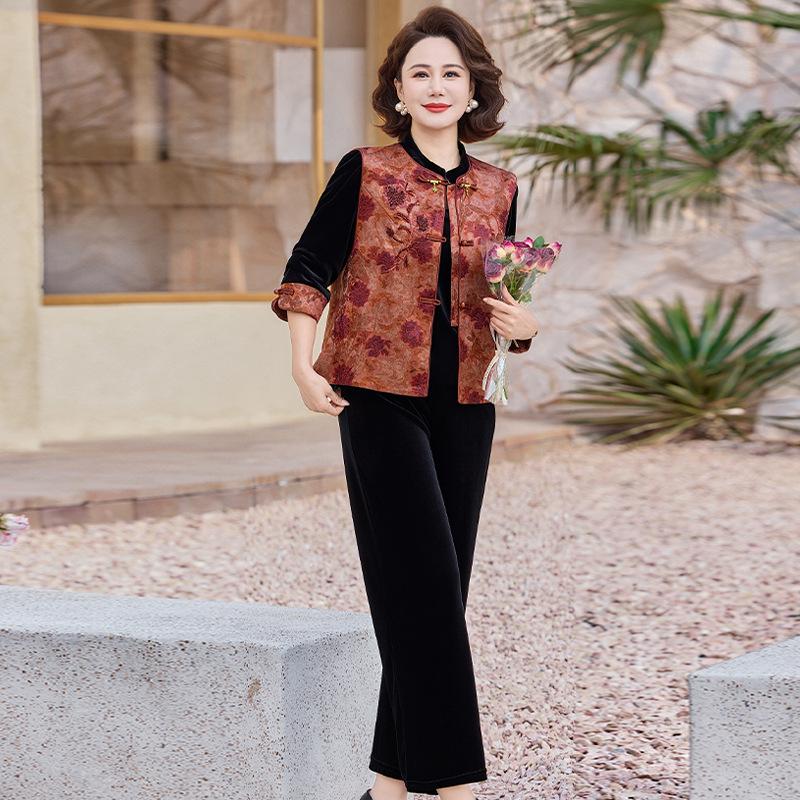 

2026 Autumn/Winter Plus Size High Waist Velvet Patchwork Wide Leg Pants in Black 5XL (145-155 kg) червоний