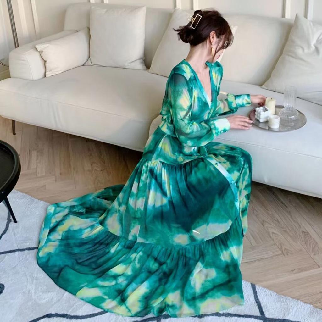 Women French Fashion Single Breasted V Neck Long Dress With Belt Summer Autumn Elegant Print A-line Robe Female Holiday Clothes