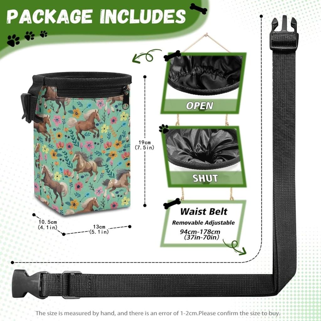 Horse Floral Dog Treat Pouch Versatile Puppy Dog Training Treat Bag Dog Food Dispenser Reward Pouch Perfect for Long Walks Or Training, 3 Ways To