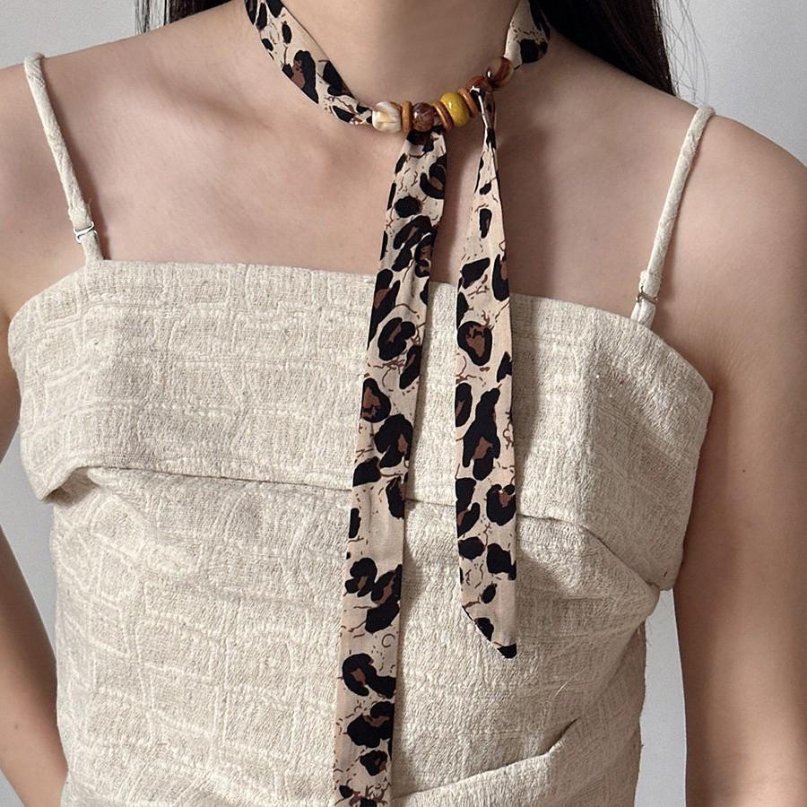 Coffee Blue Retro Wood Beads Long Silk Women Versatile Streamer Neck Protection Scarf New Small Scarf Spring, Summer and Autumn