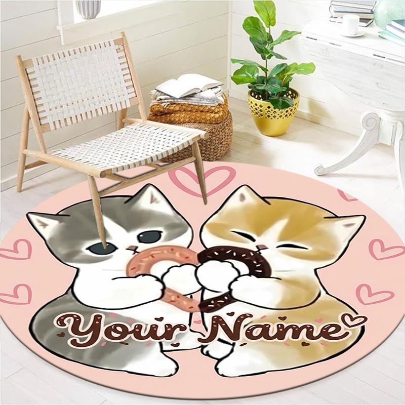 Cat Donut Duo Custom Name Round Area Rug Carpet Rug For Living Room Bedroom Sofa Playroom Decor Nonslip Floor Mat