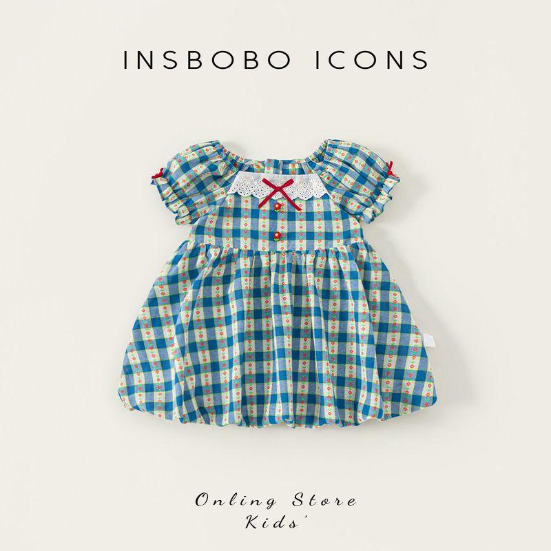 Insbobo Girls  Dress 2026 Summer New Style Children s Princess Dress for Girls, Fashionable Summer Outfit Blue grid 100