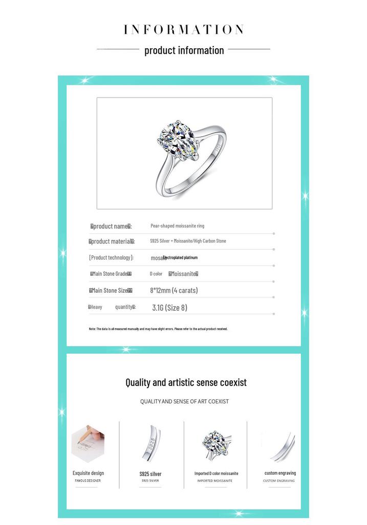 S925 Sterling Silver Women’s Moissanite Ring, 4 Carat D Color Water Drop Shape, Irregular Design