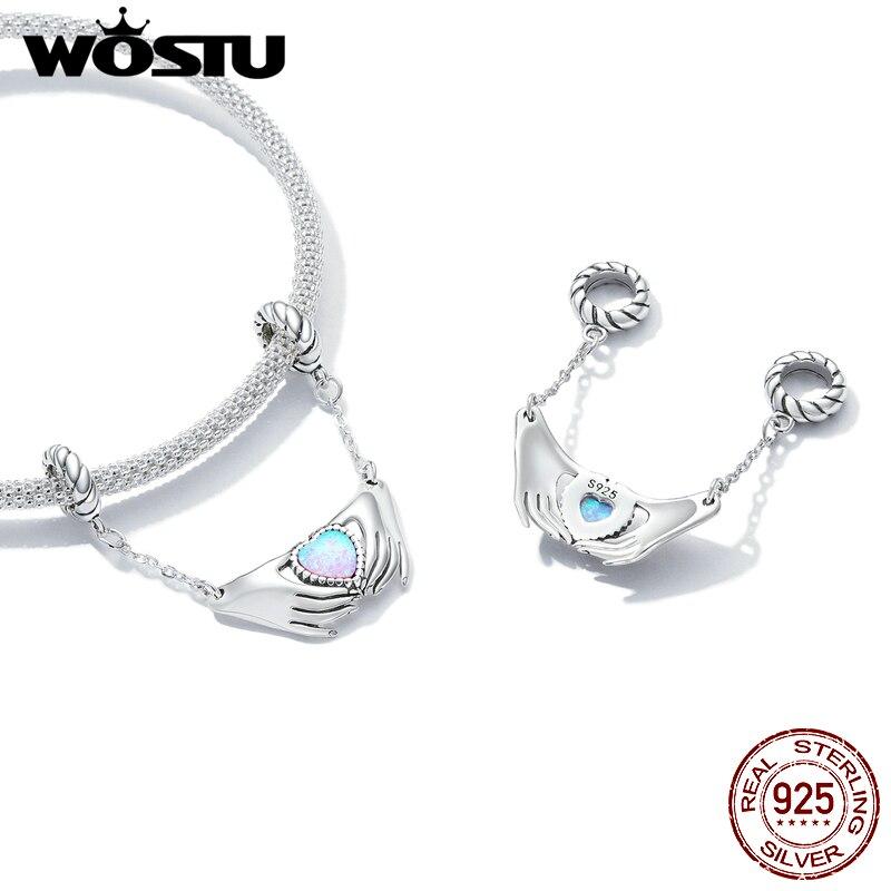 

WOSTU стерлингового серебра 925 пробы руки любовь опал сердце подвеска из бисера подходит оригинальный браслет ожерелье для женщин ювелирные изделия 925 silver