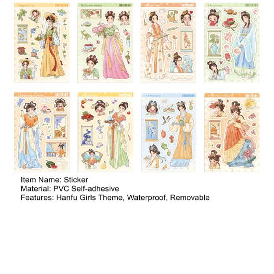 8 listů Nálepka Hanfu Girls Tradiční čínské oblečení Samolepící Vodotěsný PVC kryt na telefon DIY Kryt na zavazadla Skateboard Sada obtisků na notebook