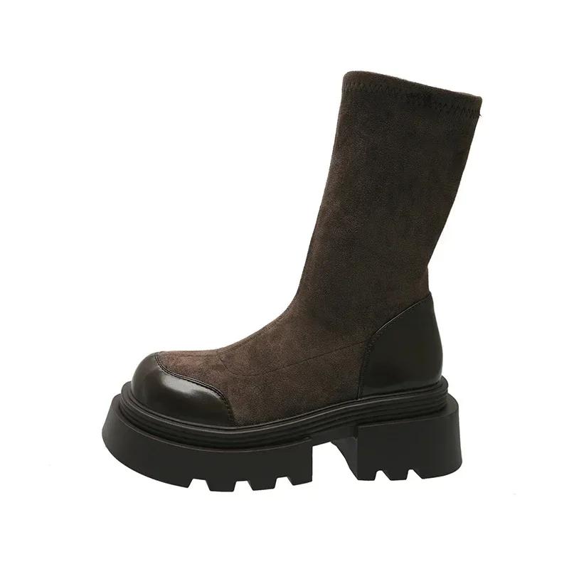 Damen Schnee Plateau Stiefel Wildleder Flats Mid Calf Schuhe 2024 Trend Leder Goth Stiefel Neue Damen Pumps Mode Winter Dame Reißverschluss Schuhe