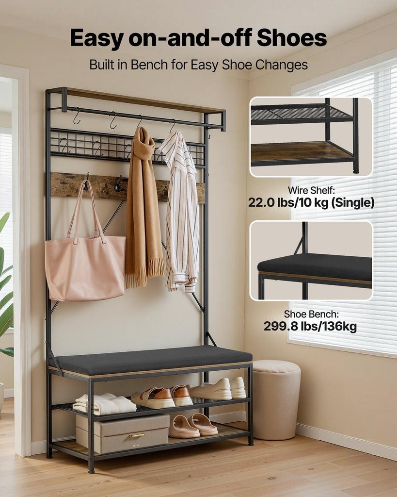Hall Tree, 1830 mm Coat Rack with Shoe Bench, 2-Tier Freestanding Shoe Rack Storage Organizer with Hooks, Hanging Rod and Wire Shelf, Steel Frame