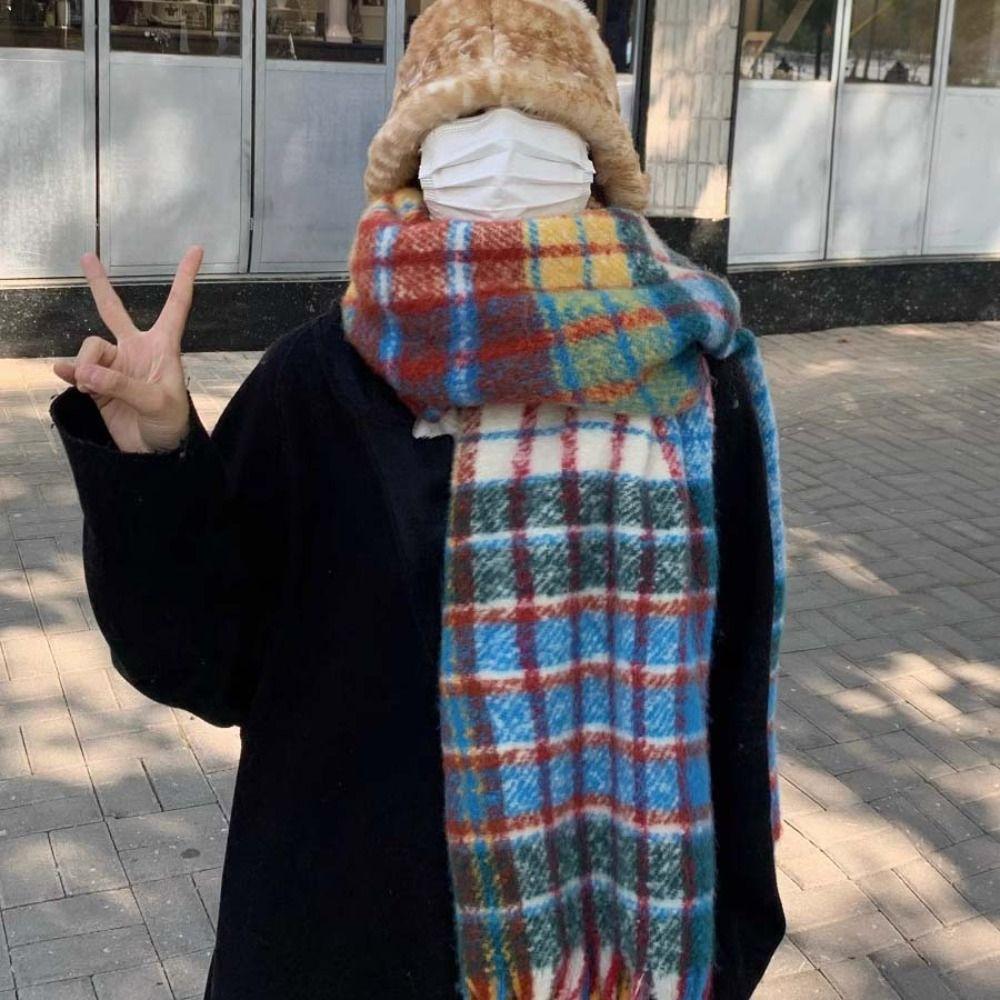 Rainbow Color Plaid Wool Scarf Tassel Cape Wraps Retro Winter Cashmere Scarves  Autumn Winter