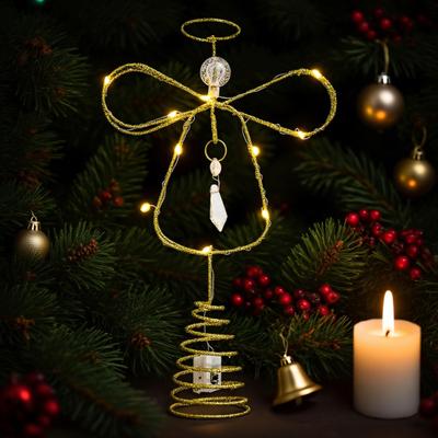 Glittered Golden Angel Christmas Tree Topper Double Angel Treetop Decoration Xmas Tree Sparkling Tree Topper
