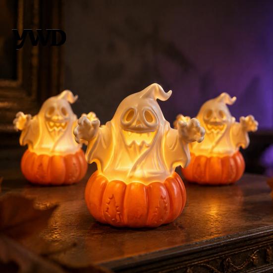 Decorative Fall Lights Halloween Pumpkin Light, LED Lighted Ghost Skull Lantern, Spooky Seasonal Atmosphere Lighting Tabletop Lamp for Home
