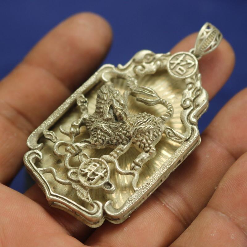 Chinese Old Tibet Silver Hollow Out Carved Kylin Lucky Amulet Necklace Pendants