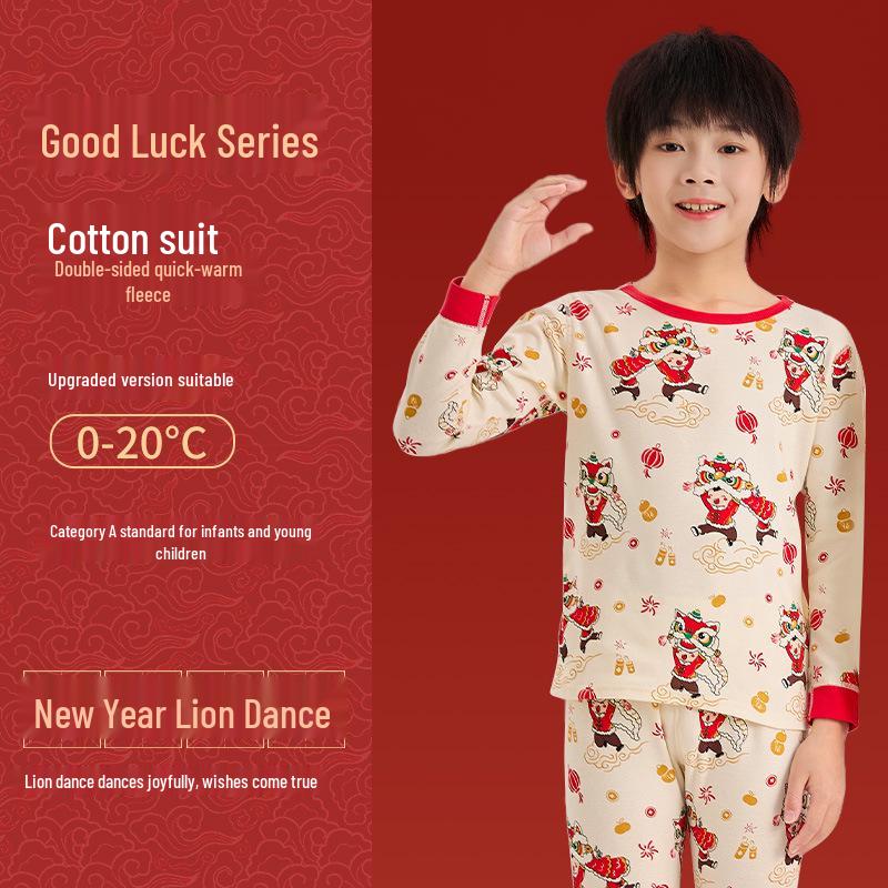 Children's Autumn/Winter Horse Year Red Long Johns Set - Pure Cotton Warm Pajamas