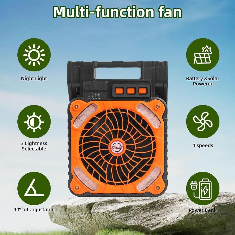 Solar Powered Fan for Camping Portable Rechargeable for Gazebo with LED Light & Timer 4 Speed Cordless Battery Powered for Outdoor Stay Cooling Orange
