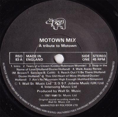 7-Zoll-Schallplatte VERSCHIEDENE Motown Mix Ein Tribut an Motown RSO83 RSO 1981 UK SoulFunk Gebraucht