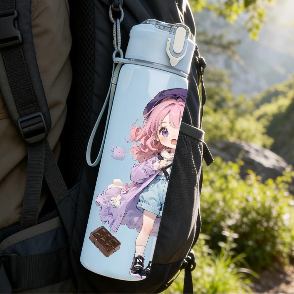 1PC Purple Hat Girl Soft Watercolor Pattern 750ml Color Plastic Sports Water Bottle Leakproof Flip Straw Lid Suitable for Sports Office Home Use