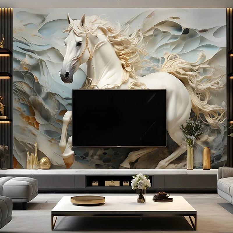 Modern Photo Wallpaper White Horse Stone Relief Mural Living Room Bedroom Background Wall Painting Home Decor