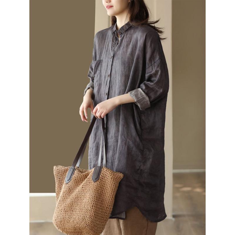 2026 Spring Women's Retro Cotton Linen Dark Pattern Mid-Length Cardigan Shirt