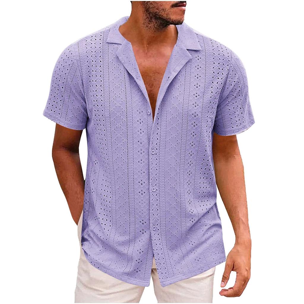 Men's Casual Fashionable Short-sleeved Shirt - Men's Mesh Fabric Lightweight And Breathable Retro Shirt