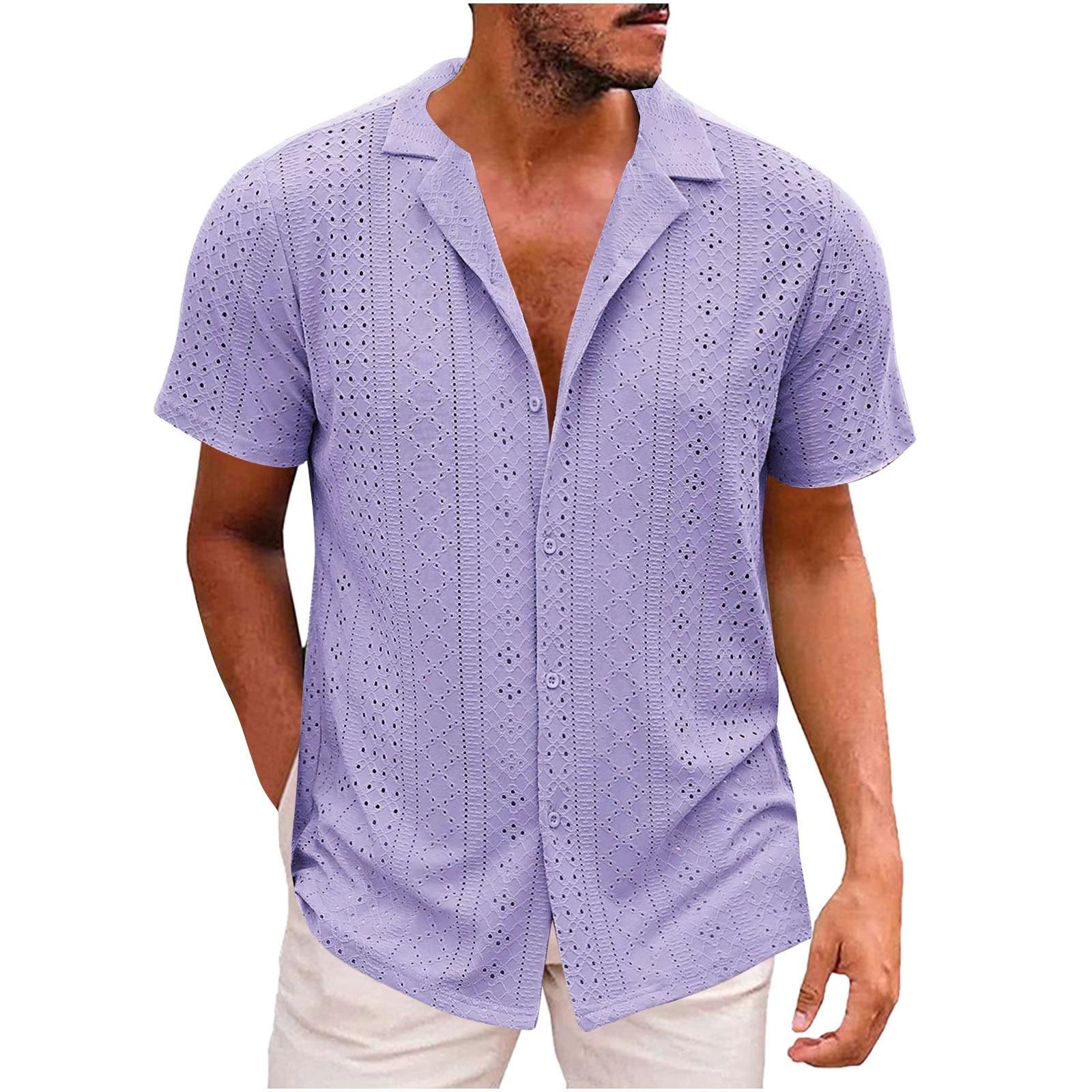 

Men s Casual Fashionable Short-sleeved Shirt - Men s Mesh Fabric Lightweight And Breathable Retro Shirt L фіолетовий