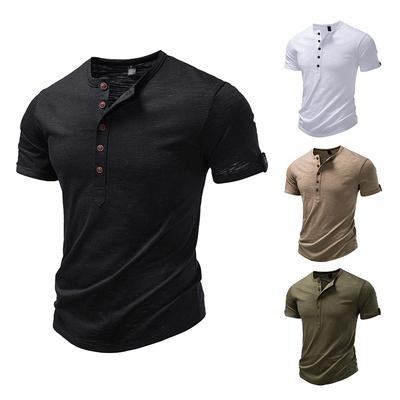 Pánské Henley tričko ze slub bavlny - Límeček Mao, ohrnovací rukávy, zapínání na knoflíky, ležérní, vintage, pro každodenní nošení, v různých jednobarevných variantách