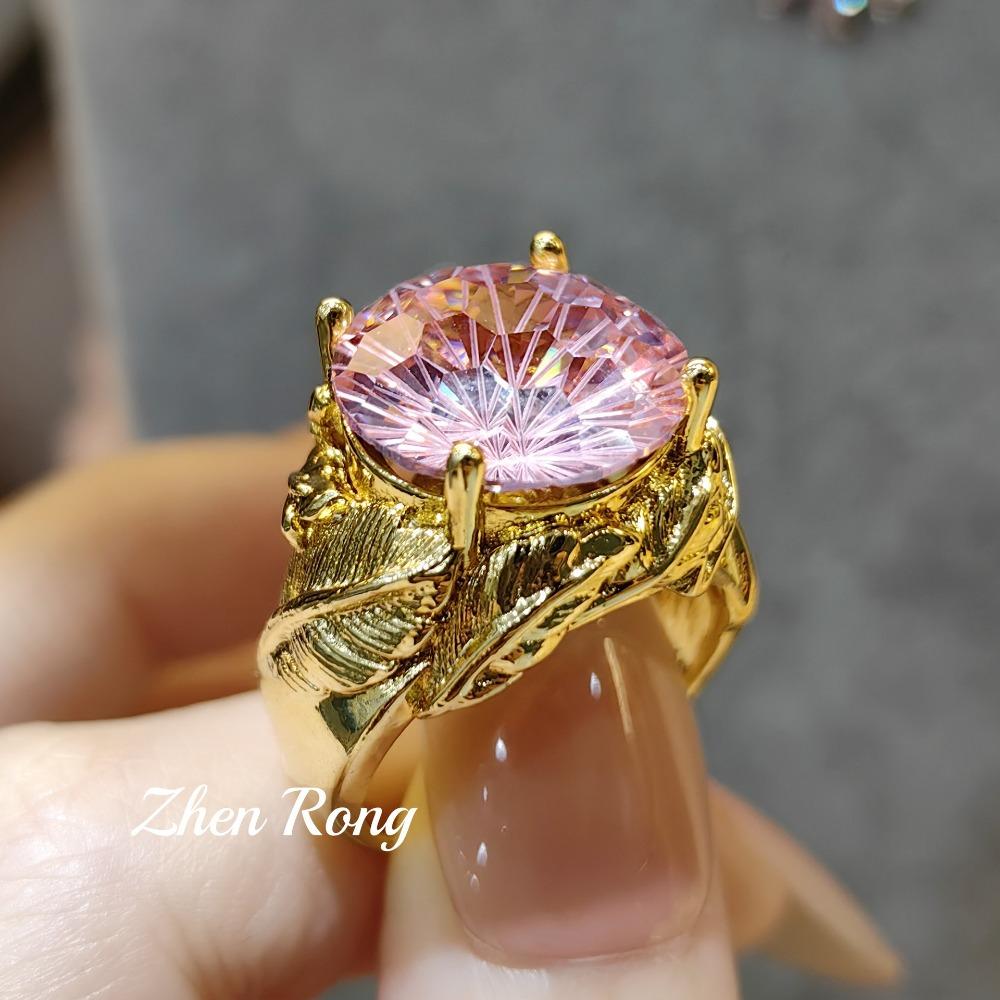 Open Ring Italian Vintage Brushed Feather Ring with Firework Cut High Carbon Diamond Gemstone for Women adjustable