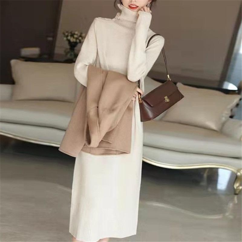 With coat, turtleneck sweater skirt, children's autumn and winter long loose temperament, with design sense knitted primer dress