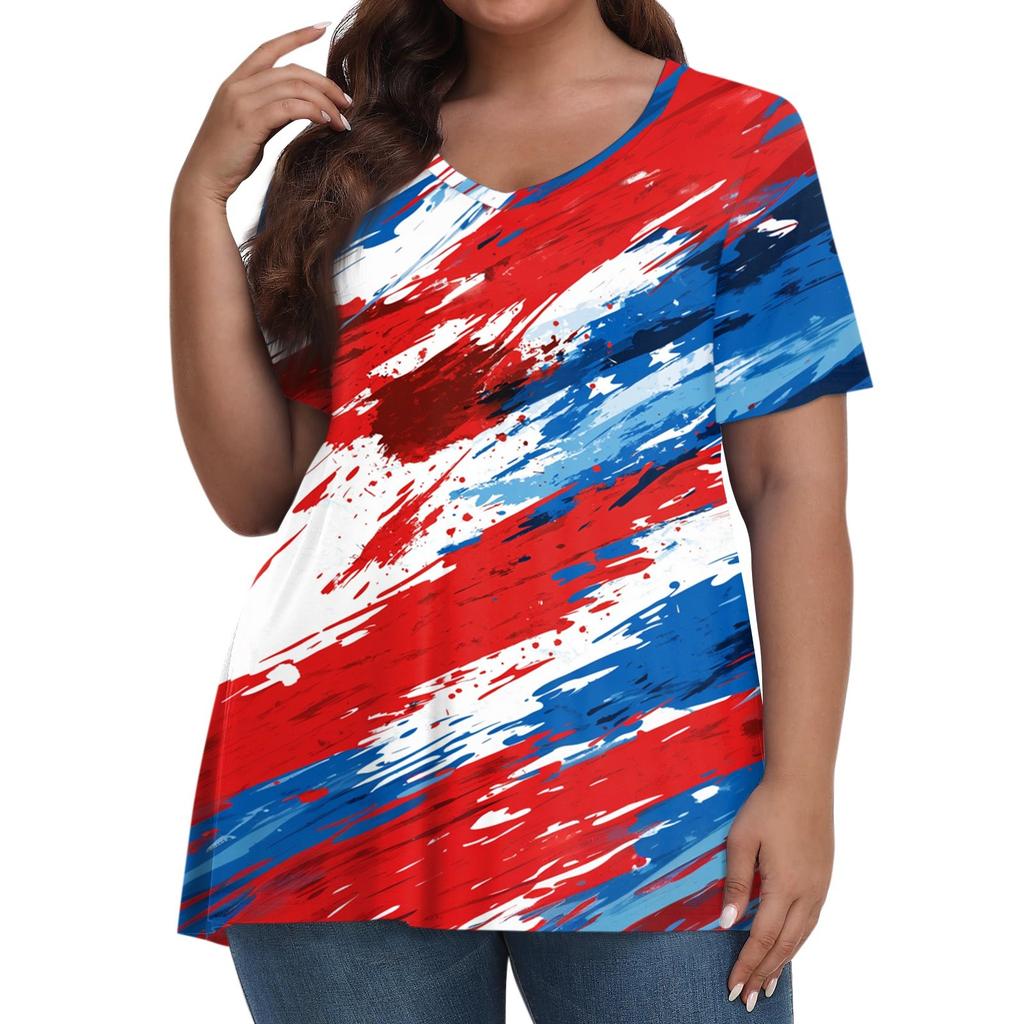 Damenmode Lässig V-Ausschnitt Pullover Kurzarm Übergröße Bedrucktes T-Shirt Top