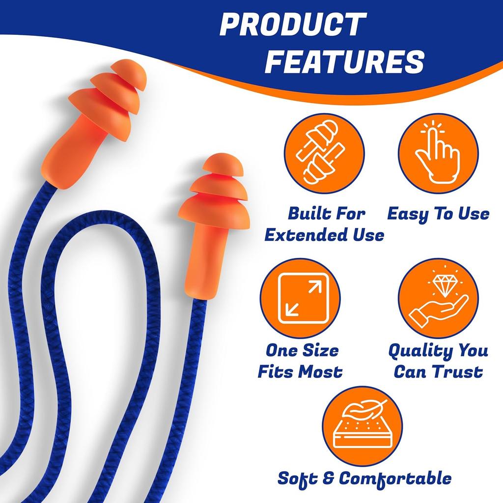 50 Pair Reusable Silicone Ear Plugs with Cord Individually Wrapped Hearing Protection Noise Cancelling Earplugs for Work Sleep