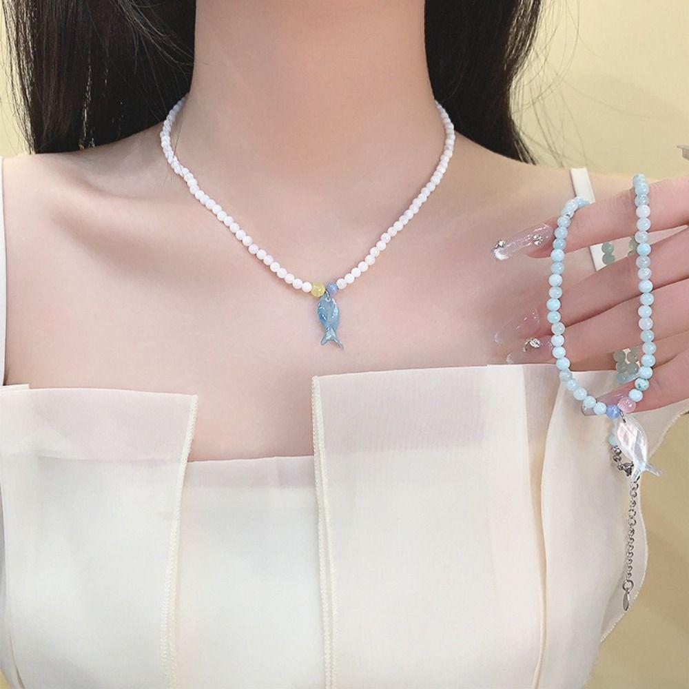 Sweet Mini Fish Necklace Bohemia Ocean Style Beach Choker Trendy Beads Pendant Necklace  Sea