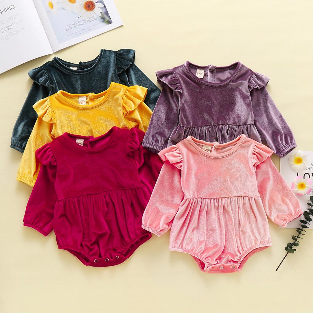 Newborn Infant Baby Girls Long Sleeve Solid Romper Bodysuit Clothes