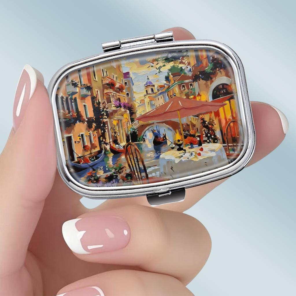 Portapillole Portatile con 2 Scomparti, Mini Custodia Organizer in Metallo per Medicine, Carino Contenitore Stampato per Pillole, Vitamine, Gioielli, Viaggio, Uso Quotidiano