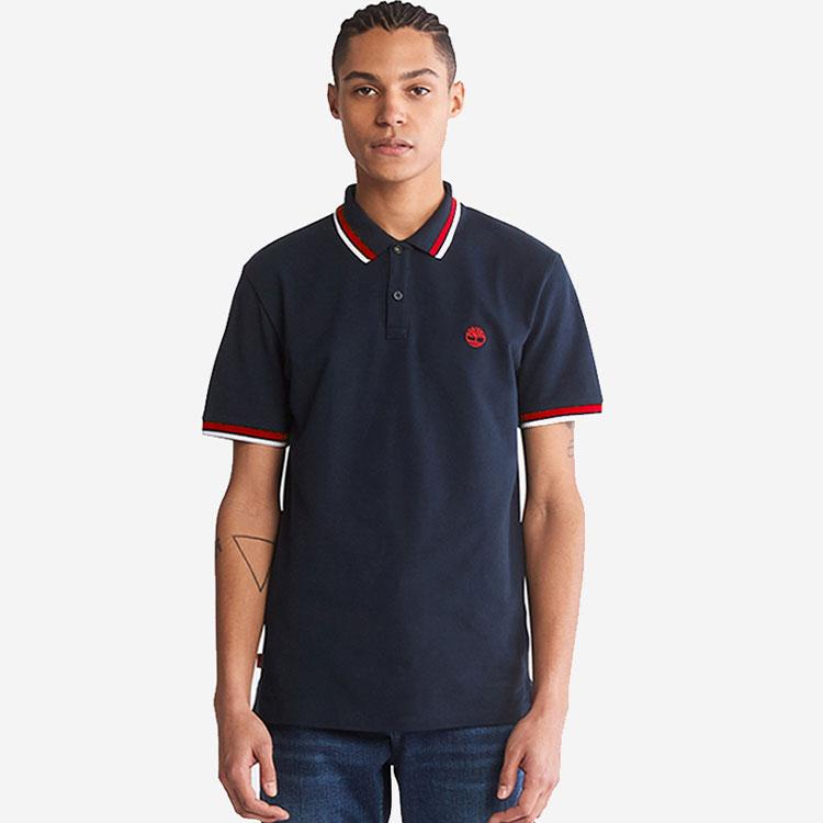 Timberland SS22 Casual Striped Breathable Short Sleeve Polo Shirt Men tops Deep-Sapphire-Blue A62SH-433