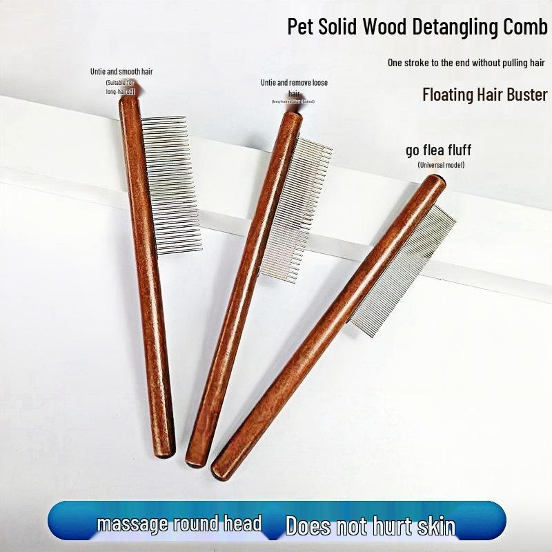 Solid Wood Handle Flea Comb: Single Row for Cats & Dogs - Removes Loose Hair & Cleans