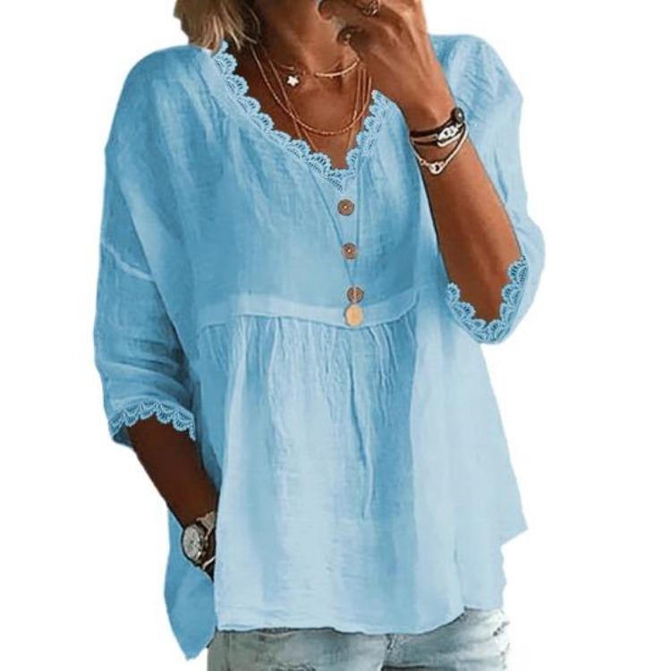 Loose Fit V Neck Casual Shirt Women 3 4 Sleeve Lace Splicing Top Solid Color Breathable Blouse