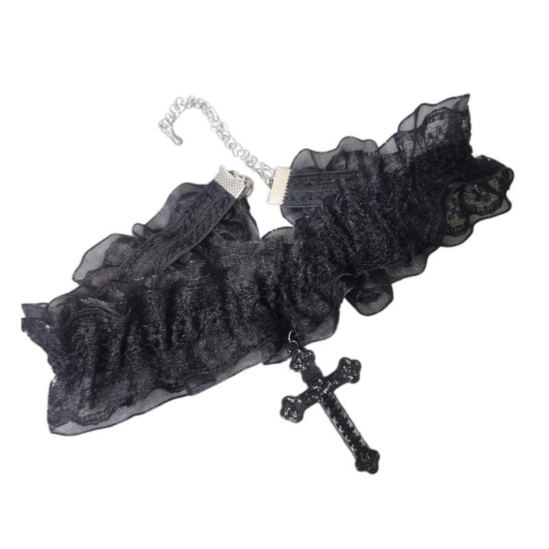 Verstellbare Schlüsselbein-Kette Stilvoller Schwarz-Weißer Spitzen-Choker Halsketten mit Kruzifix-Anhänger für Modebegeisterte black