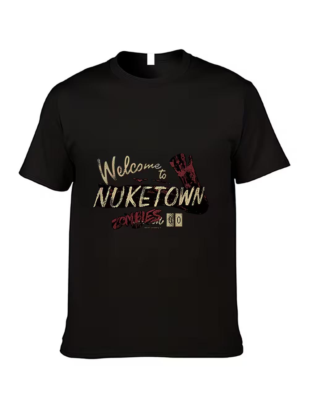 Men s: Black Ops 2 Nuketown 24/7/ modes Zombies Gaming T-Shirt - Cotton Short Sleeve Tee with Bold & Red Zombies Print L
