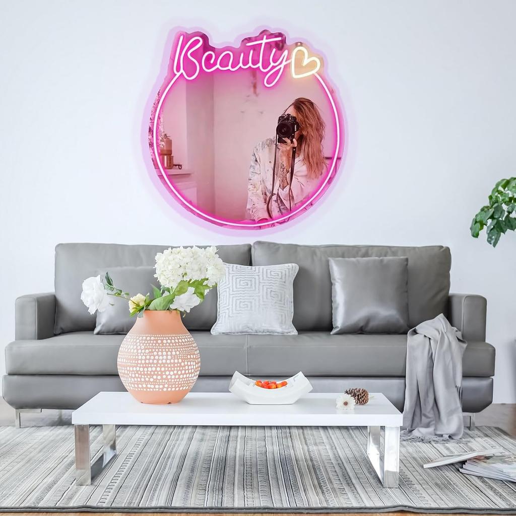 Beauty Neon Mirror Sign for Wall Decor USB Powered LED Pink Neon Light Heart Neon Light Signs for Girl's Room Bedroom Salon Decor Wedding Birthday