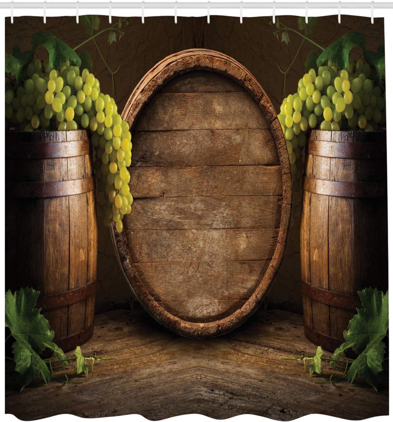 

Winery Wine Barrel Shower Curtain With Hooks – Rustic Wooden Kegs, Grape Vine Still Life, Green Apple Vintage Decor W60H190(CM)-1 Pcs