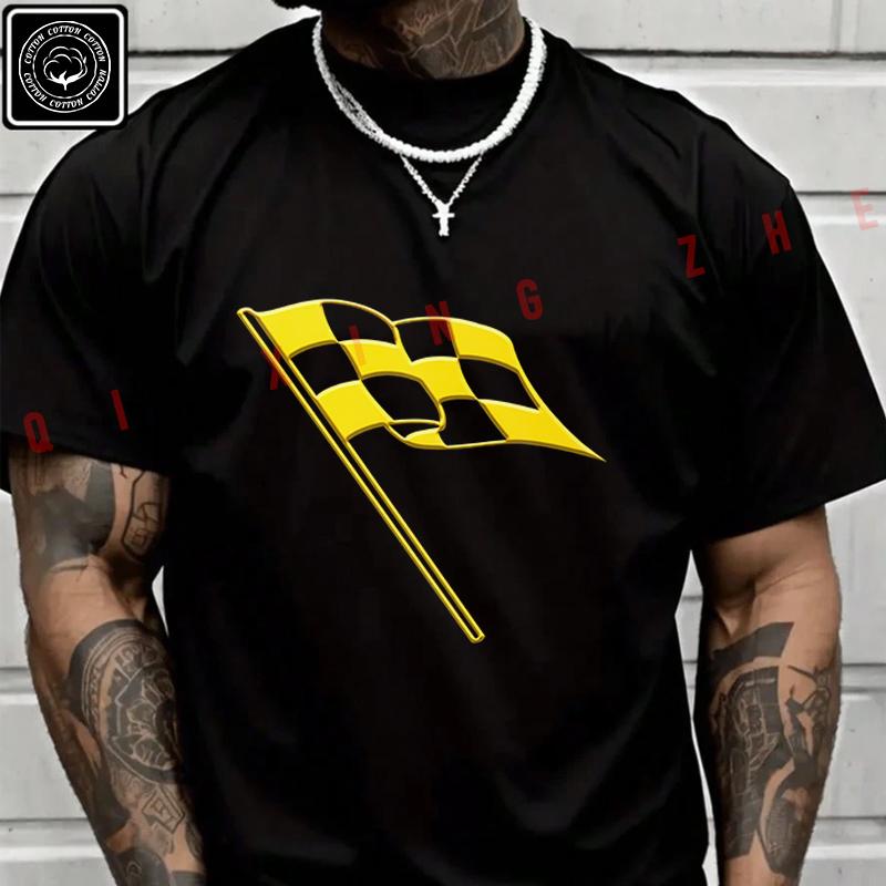 Motor Racing Flag On Black Moto T Shirt Men's Cotton Casual Short Sleeved Round Neck T-shirt Te