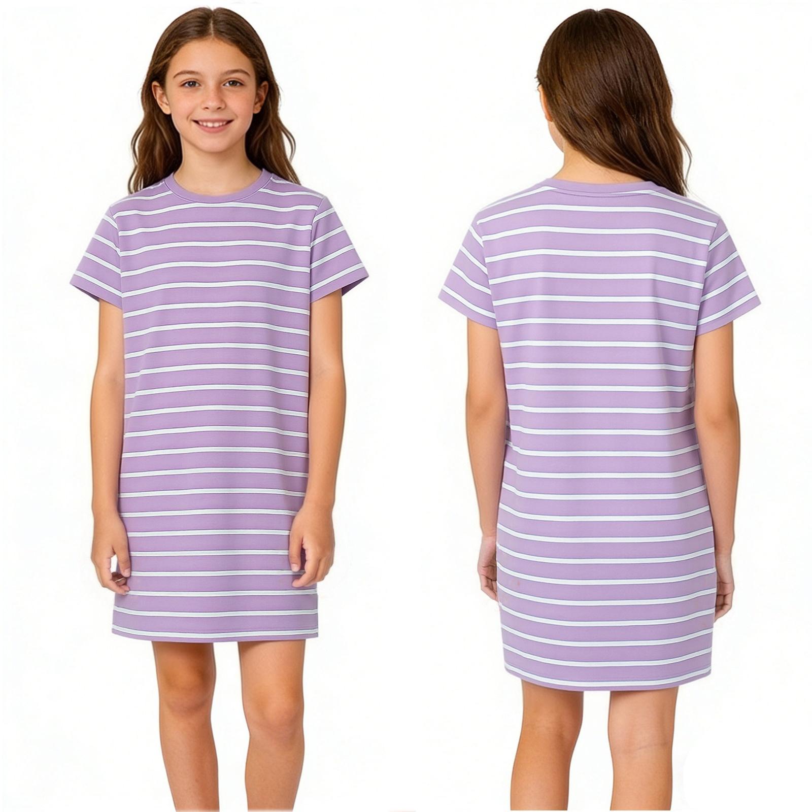Children s Casual Dress Round Neck Fashionable Striped Short Sleeved Dress 130 фиолетовый