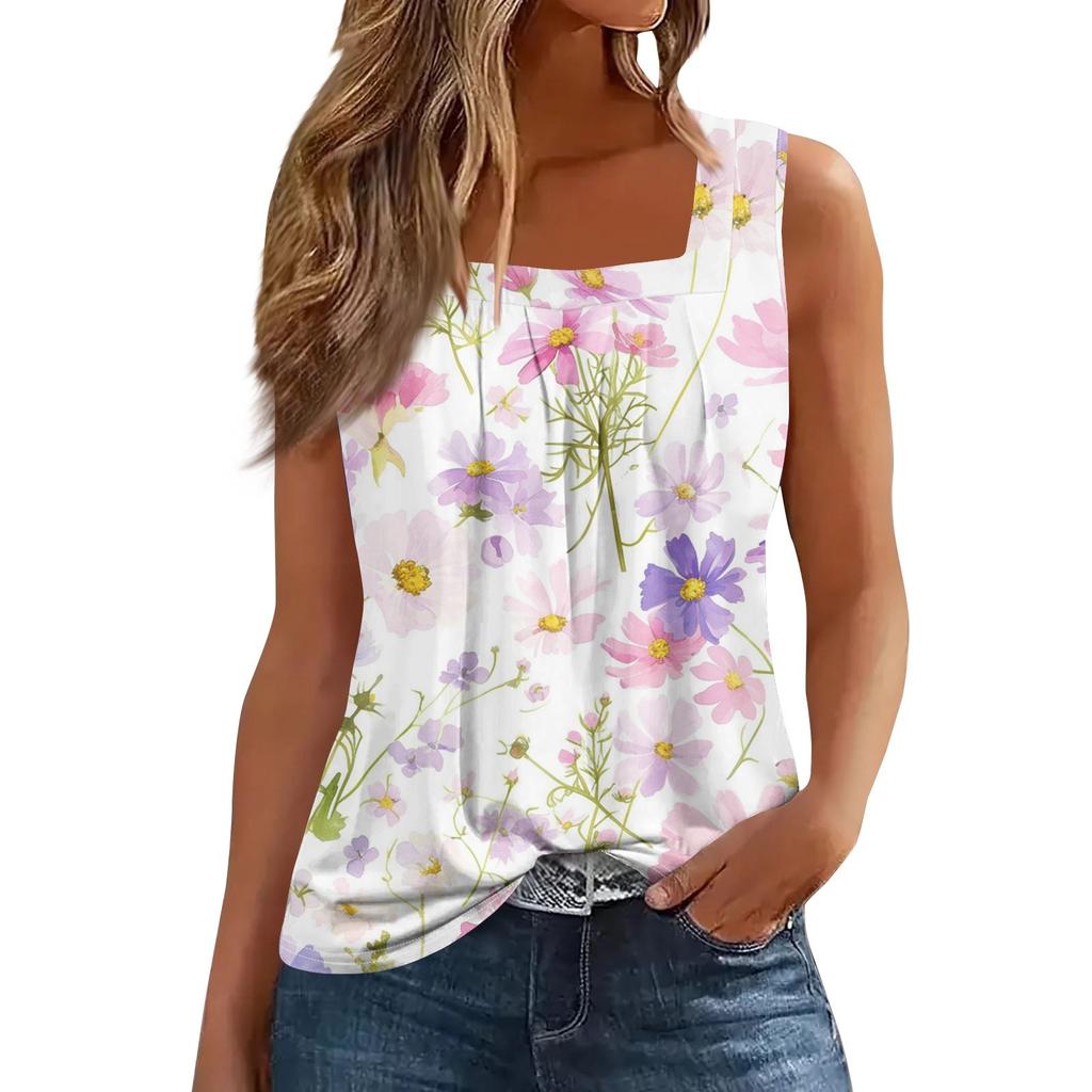 Women's Fashion Casual Pleated Square Collar Sleeveless Vest Print Summer T-shirt