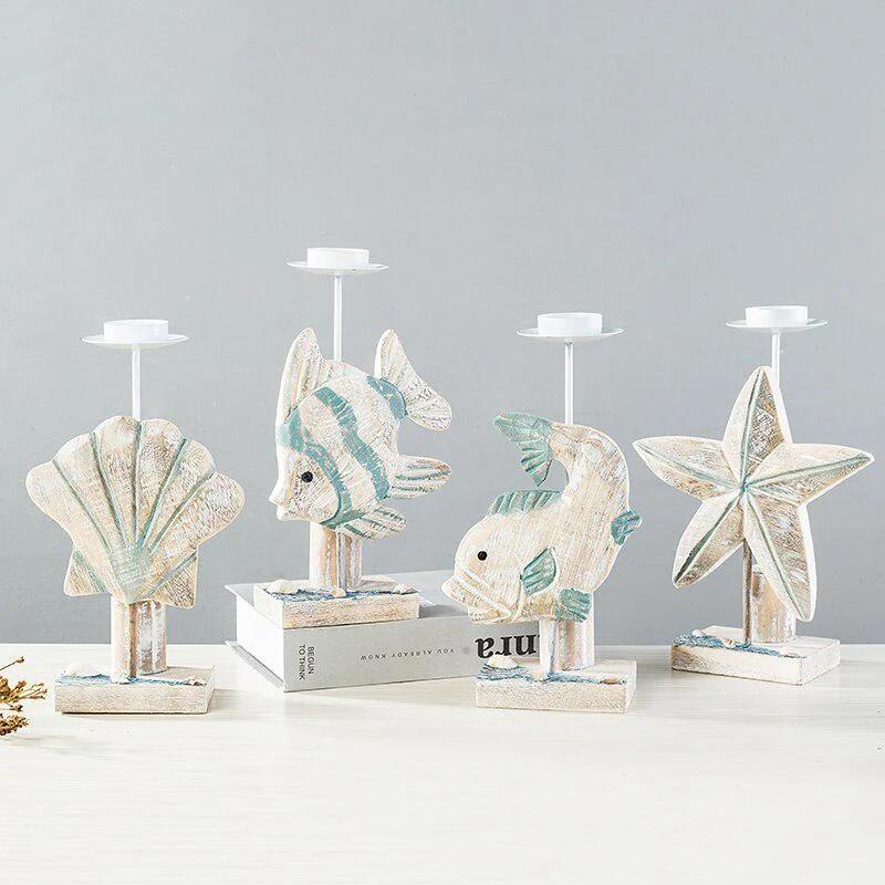 Mediterranean Style Fish-shaped Candlestick Handicraft Gifts Wooden Starfish Candlestick Display Rack Home Desktop Decoration